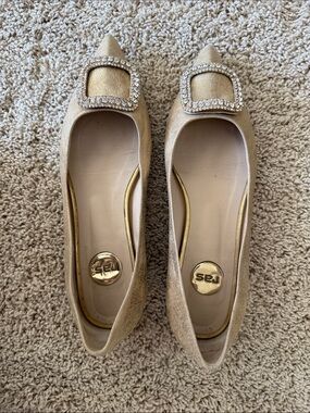 Ras Champagne Pointed Toe Flats with Crystal Buckle
